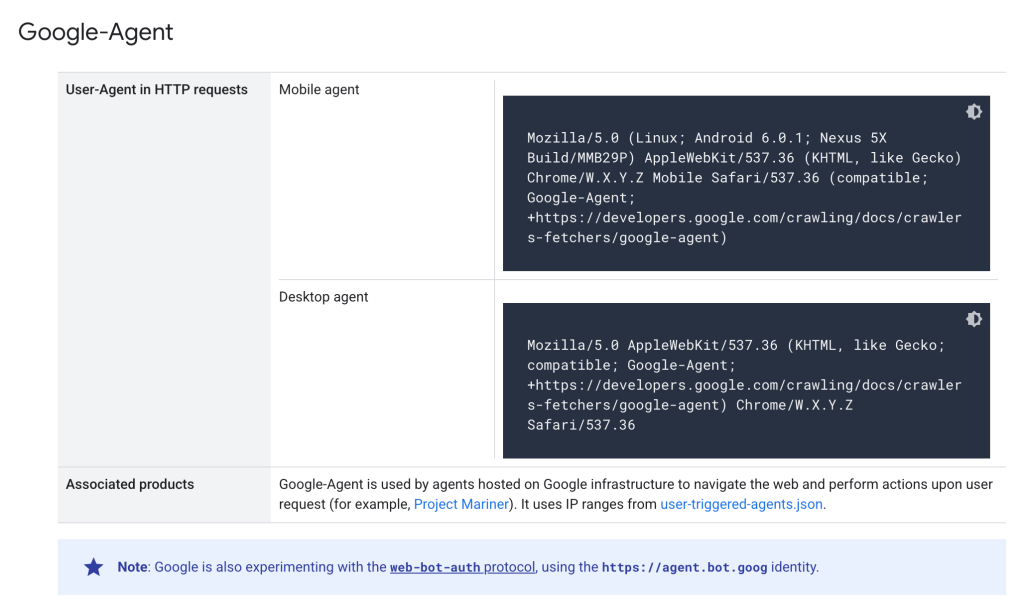 Google-Agent được sử dụng bởi các tác nhân (agents) chạy trên hạ tầng của Google để duyệt web và thực hiện các hành động theo yêu cầu của người dùng